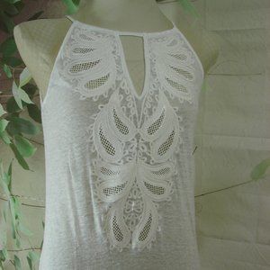 Soft White Linen Long Tank Dress Side Slit Sequin Paisley Front Beach Cover Up